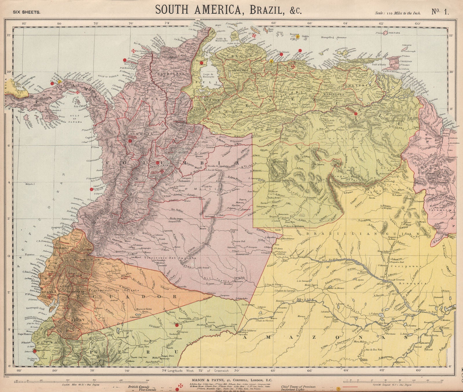 AMAZONIA & ANDEAN STATES. Colombia before separation of Panama. LETTS 1889 map